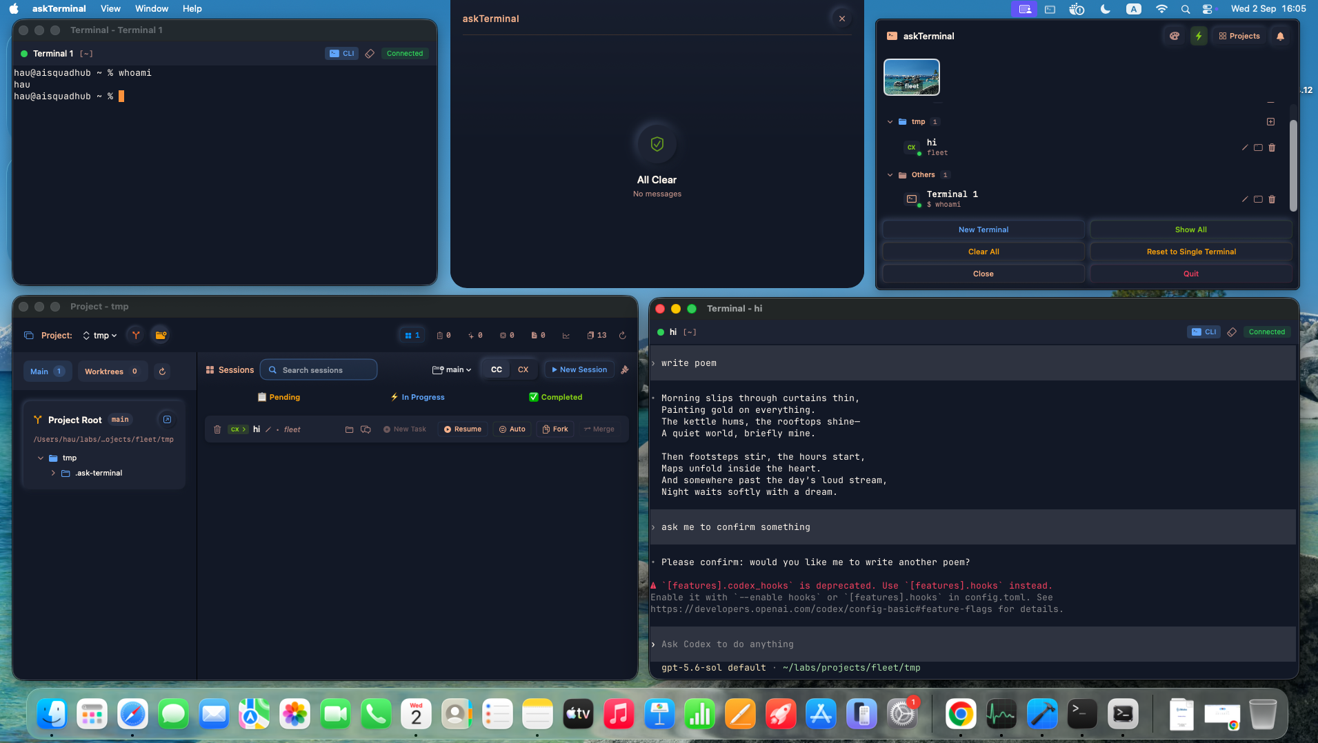 AskTerminal running on macOS with the project dashboard, terminal windows, and approval panel open