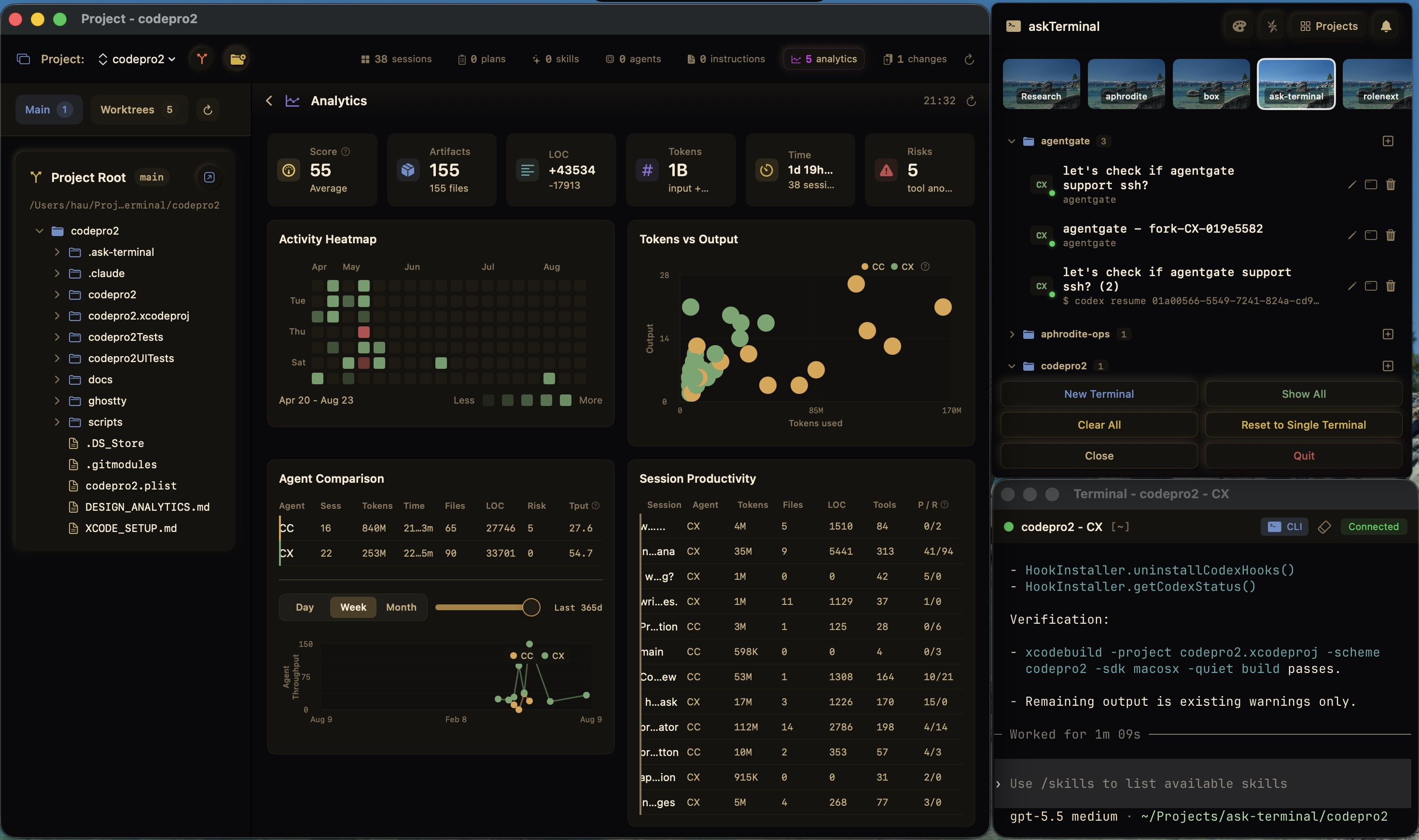 askTerminal full app interface showing project sessions, analytics, terminal context, and approval workflow.