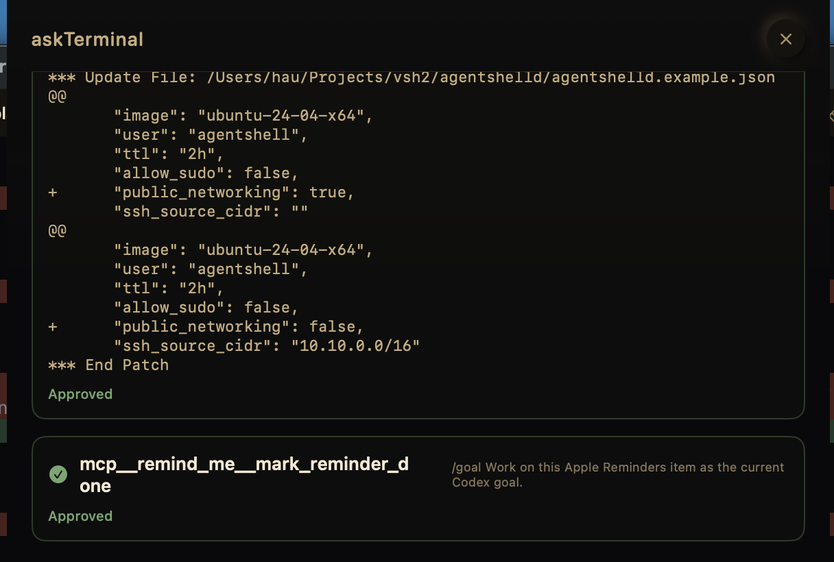 askTerminal notch approvals showing commands reviewed and approved.